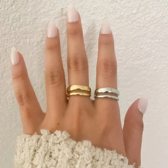 925 Sterling Silver Dainty Minimalist Ring Stackable Double Layer Ring Band - Picture 3 of 8